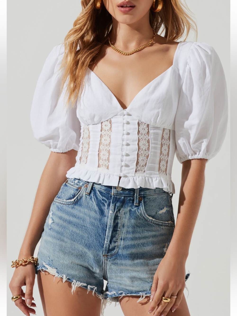 Astr White Puff-Sleeve Lace Corset Blouse